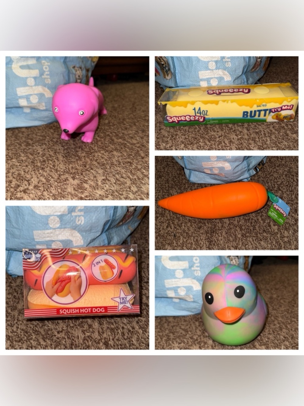 Squeeezy Squishy Lot Pink Dog, Butter, Carrot, Tie Dye Duck, & Hot Dog